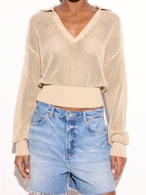 Spiritual Gangster Beige Open-Knit V-Neck Sweater + Maxi Skirt Set (small)
